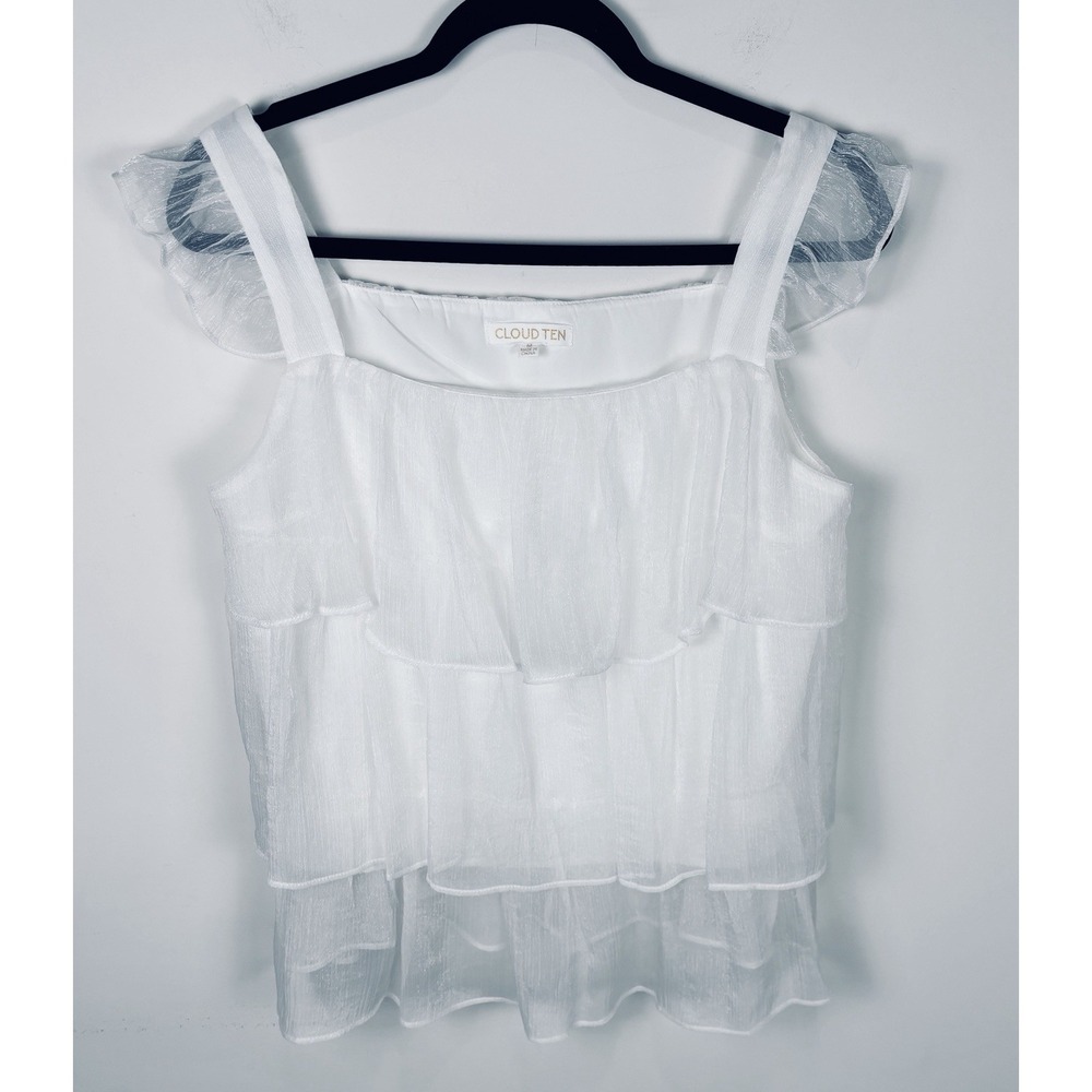 Cloud Ten Women White Tiered Sheer Layered Ruffle Sleeveless Blouse CT2365A M